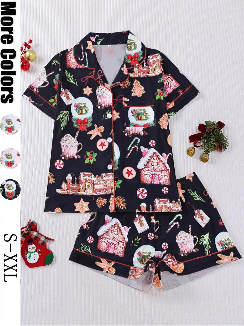 【Christmas Pyjamas】Women's Set, Watercolor Gingerbread Print, Short Sleeve Button Front Top & Elastic Shorts, Casual Home Wear, Loungewear