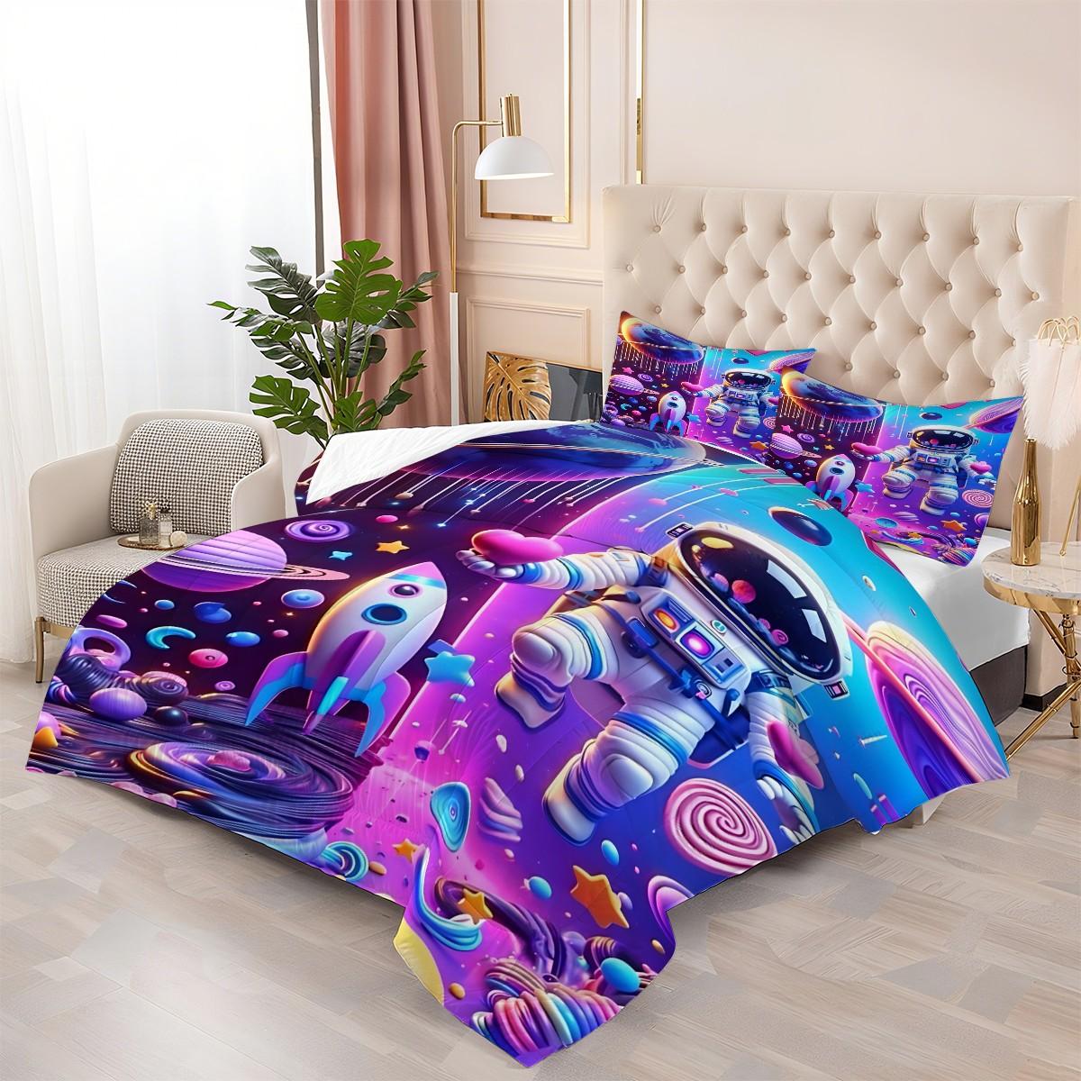 2/3-Piece Astronaut Patterned Comforter Set, Psychedelic Pop Style Bedding Set, Delicate Patterned Soft Quilted Bedspread, Perfect for Adding A Lively Atmosphere to Your Bedroom or Room, Including 1 or 2 Pillowcases, No Pillow Core