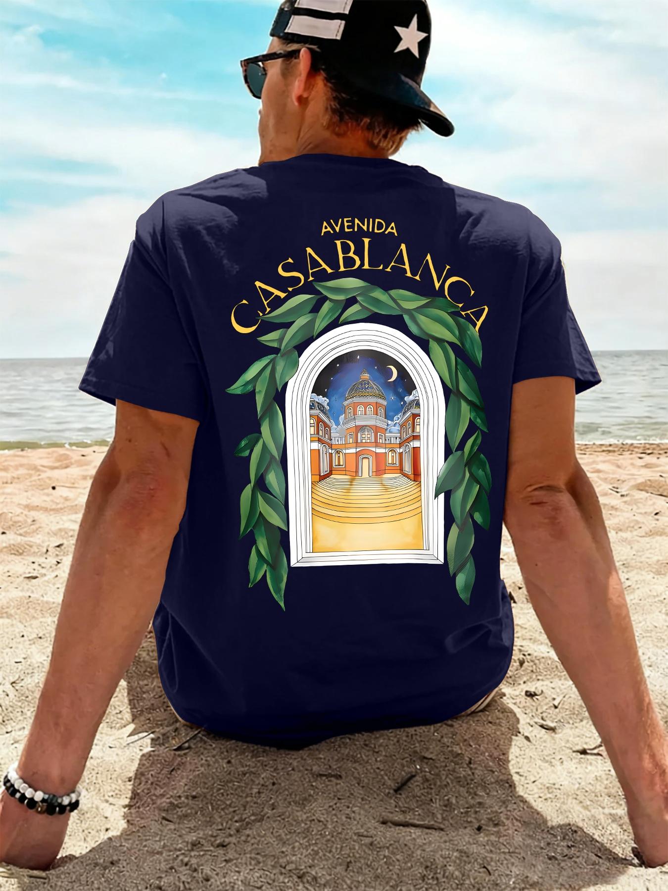 Men's Breathable T-Shirt New Style Soft Comfortable Casual with AVENIDA CASABLANCA and Building Pattern for Spring Summer