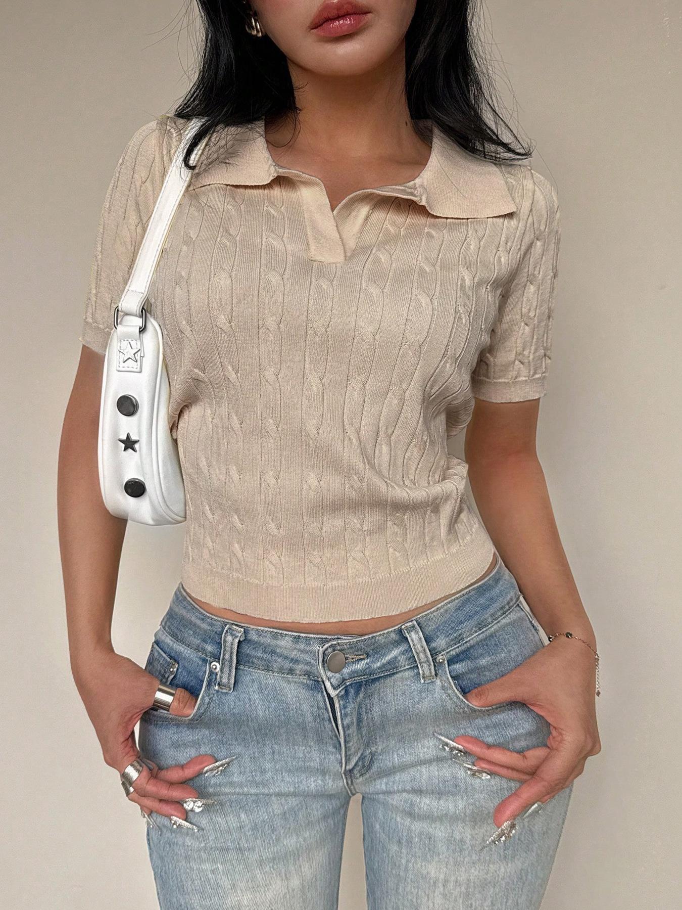 Women's Plain Cable Knit Sweater Pullover, Casual Short Sleeve Collared Jumper for Spring, Fashion Women's Knitwear for Daily Wear