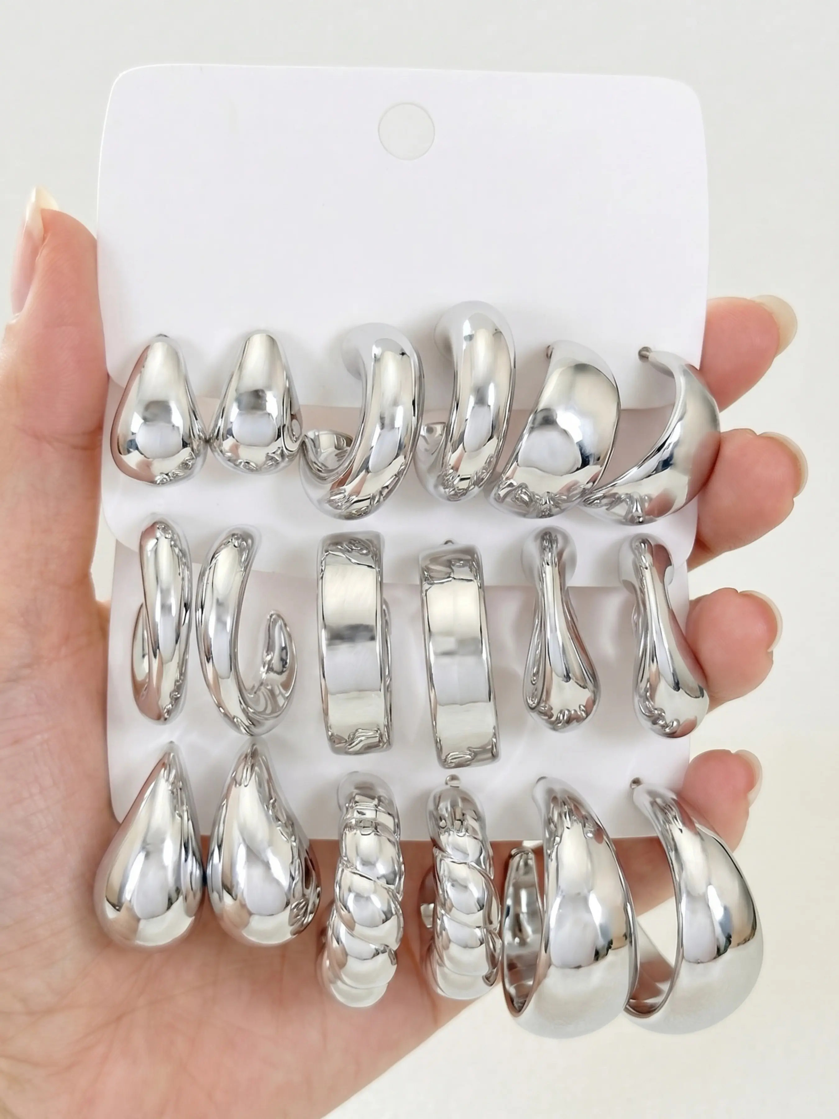 18pcs Assorted Eco‑Friendly Plastic Silver Hoop Earrings, Dainty Lightweight Hoops Teardrop Twisted Smooth Textured Open C‑Shaped Earrings, Chic Minimalist Lightweight Jewelry, Stacking Earring Set for Girls & Women