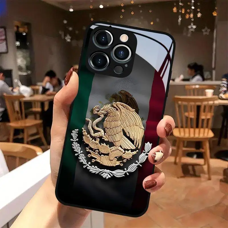 Mexican Golden Eagle Emblem Print Glass Cellphone Case - New Design Casing, Handheld Devices Protector Cover, Multi-Model Accessory for iPhone 17,16,15,14,13,12,11 Pro Max, HM26