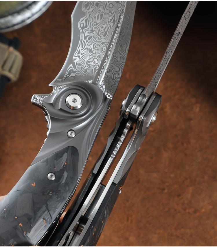 ALVELY Men's Tactical EDC Pocket Knife, Handmade Damascus Steel Folding Pocket Knife with Leather Case, Liner Lock and Charcoal Handle, Pocket Clip, Mountaineering Travel Camping Knife, Rescue Adventure Outdoor Suitable for Carrying