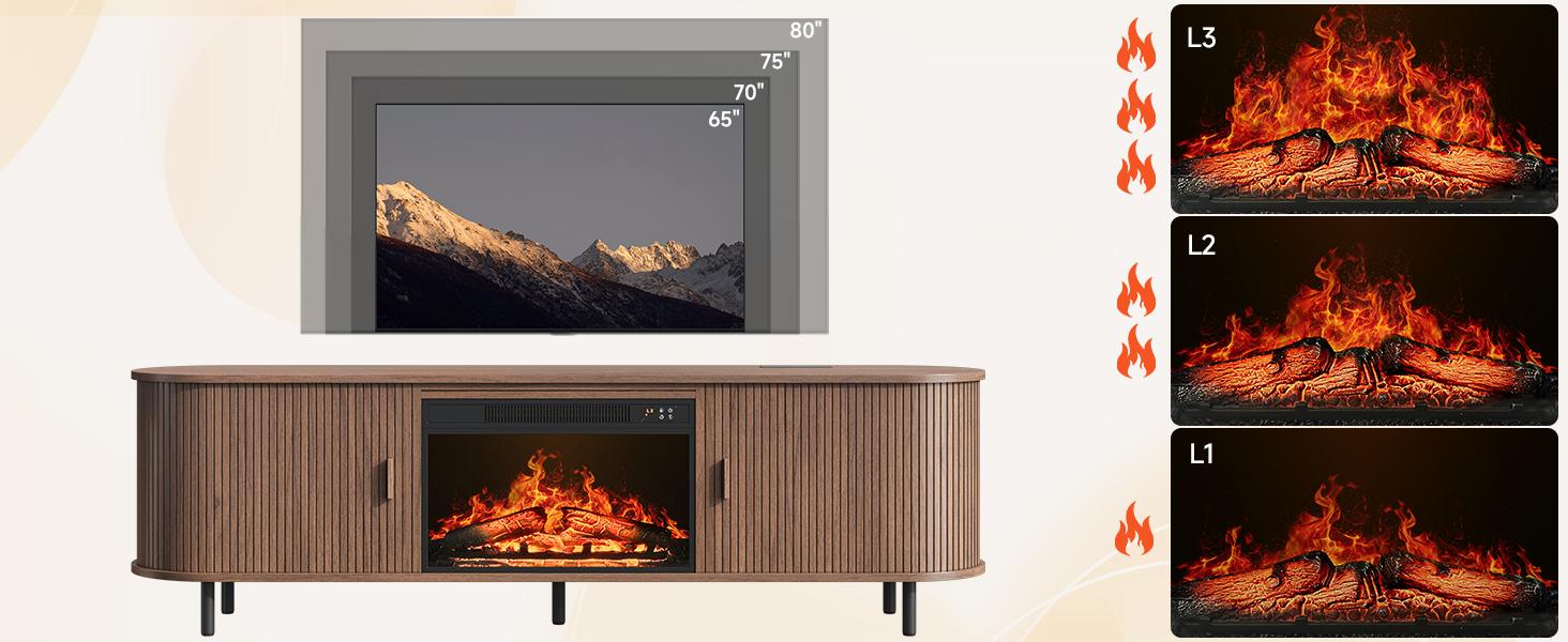 【Include 23" Electric Fireplace】ONBRILL 63"/70" Gorgeous Fluted Fireplace TV Stand for TVs up to 70", Modern Entertainment Center with Power Outlet , TV Media Console with Storage for Living Room, Bedroom Furniture,Christmas Gift