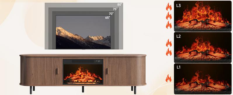 【Include 23" Electric Fireplace】ONBRILL 63"/70" Gorgeous Fluted Fireplace TV Stand for TVs up to 70", Modern Entertainment Center with Power Outlet , TV Media Console with Storage for Living Room, Bedroom Furniture,Christmas Gift