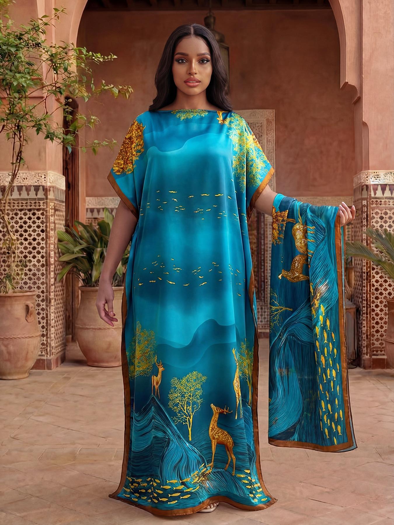 Women's Spring Summer Floral Pattern Robe & Thin Loose Fit Shawl Set, Casual Beach Sun Protection Satin Scarf