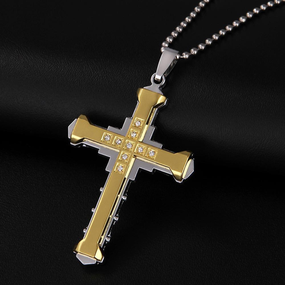 Trending Men's Crystal Cross Jesus Pendant Necklace - Gold/Black/Blue Zirconia, Stainless Steel Costume Jewelry, Jesus Piece, Jeweled Cross, Crucifix Graphic Necklaces, Cross Necklaces