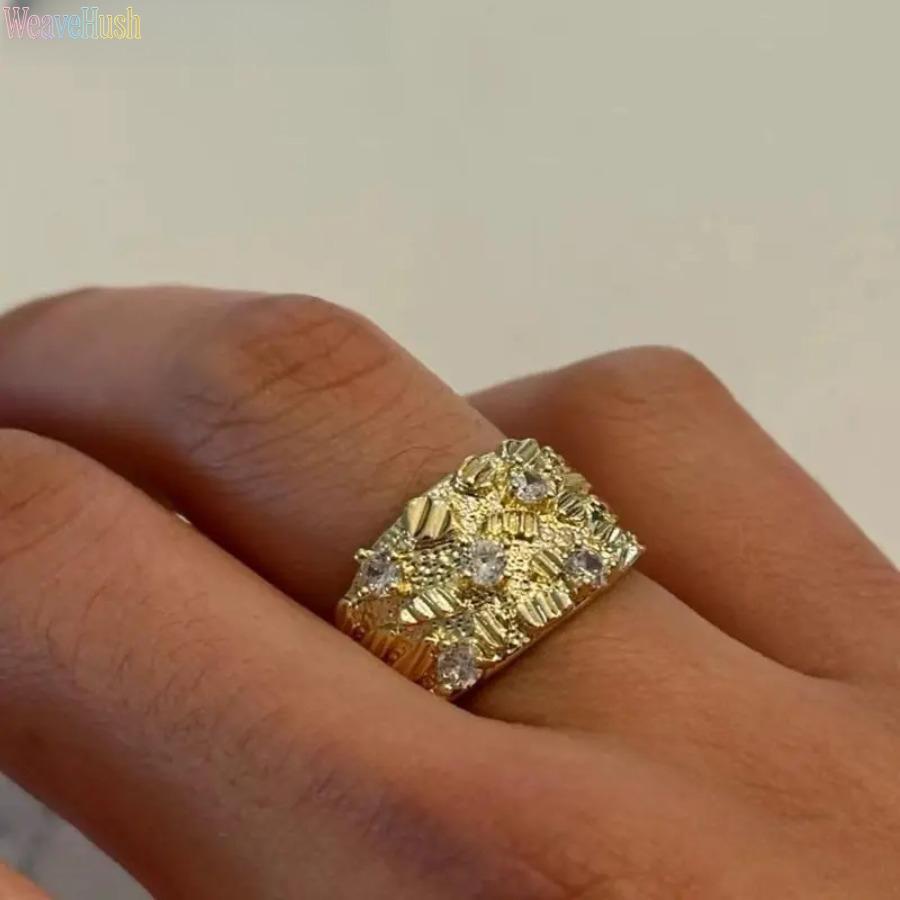 Unisex 14 Karat Gold-Plated Nugget Ring, Bold Chunky Hip Hop Beautiful Rings, Solid Durable DIY Bag Accessory for Streetwear Enthusiasts, Birthday Gifts