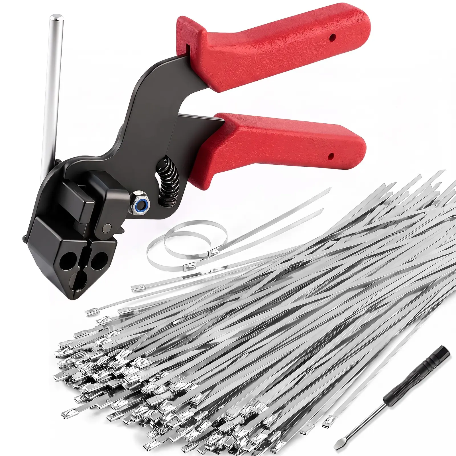 304 Stainless Steel Cable Gun Kit Pack with 100-Pack 300mm Self-Locking Metal Zip Ties, Cut&Tighten Hand Tool, Outdoor Proof for Home Improvement Fence, Pipe Fixing