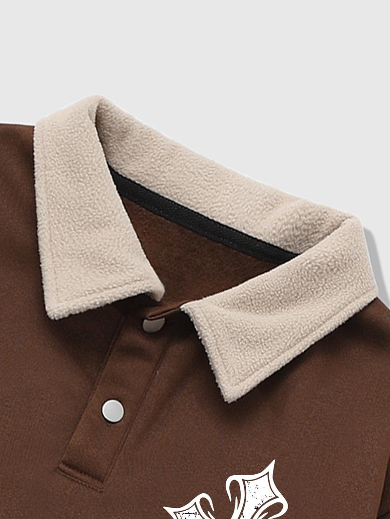 Trendy Retro Lamb Wool Collar Sweatshirt, Cross Print Polo Shirt, Comfortable Casual Wear for All Seasons, Fitted Design