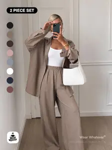 ｜2-Piece Set｜Women's Casual Loose-Fit Long Sleeve Shirt & High-Waisted Pants, Spring Fall, Comfortable Daily Wear