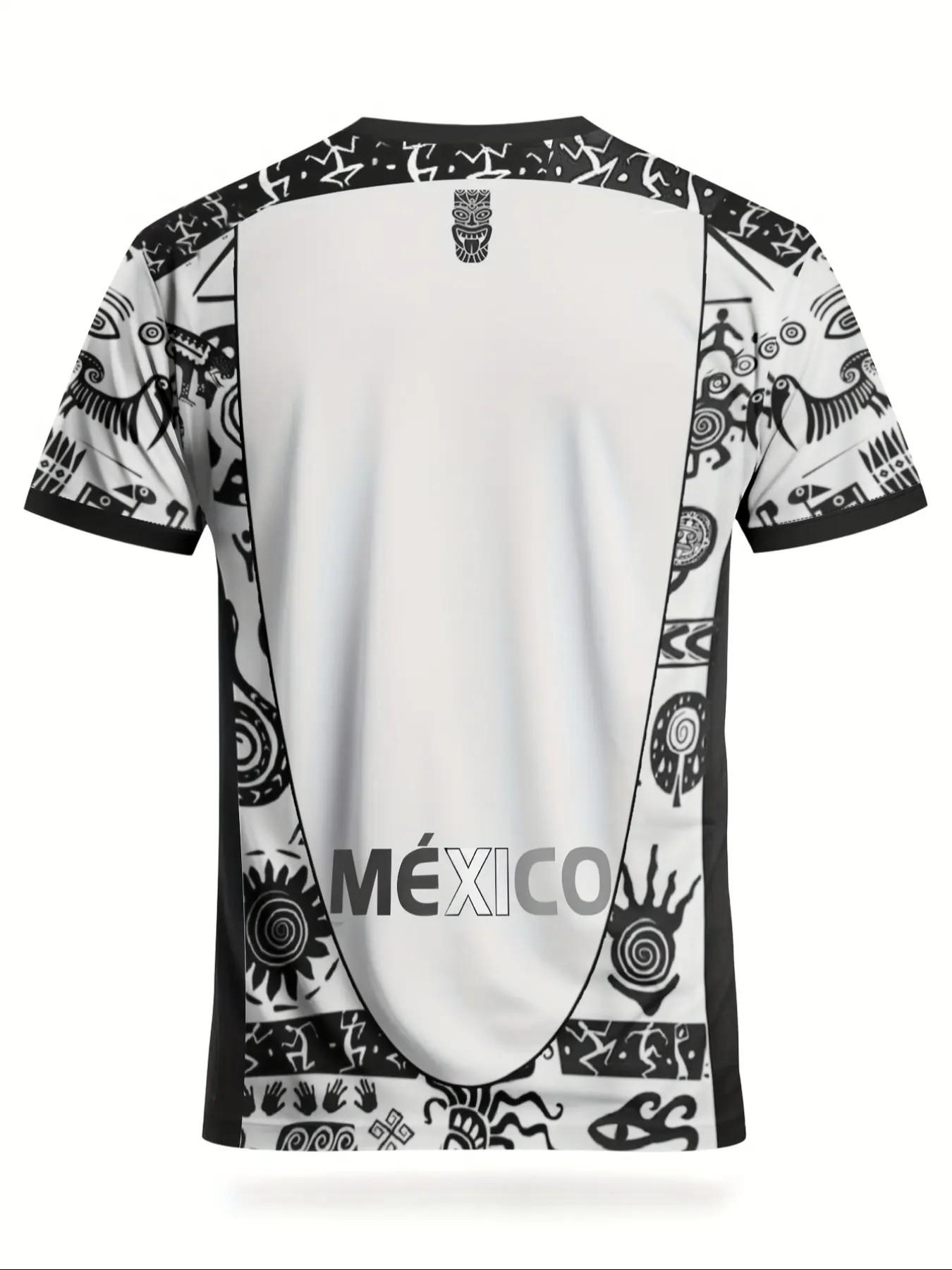 Men's Mexican Aztec Tribal Symbol Sport T-Shirt, Ethnic Street Round Neck Short Sleeve Top, Loose-Fit Geometric Pattern, All Seasons