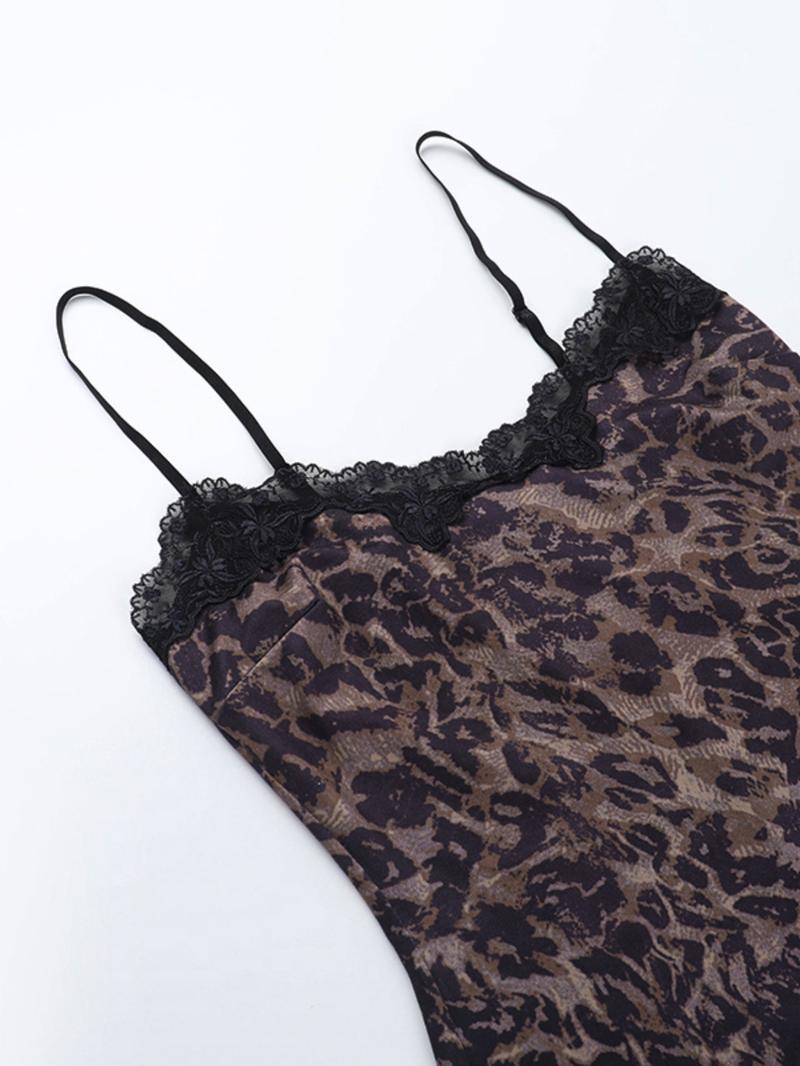 Women's Leopard Lace Trim Halter Dress, Elegant Summer Party Dresses, Sexy Backless Design, Perfect for Night Out & Casual Wear