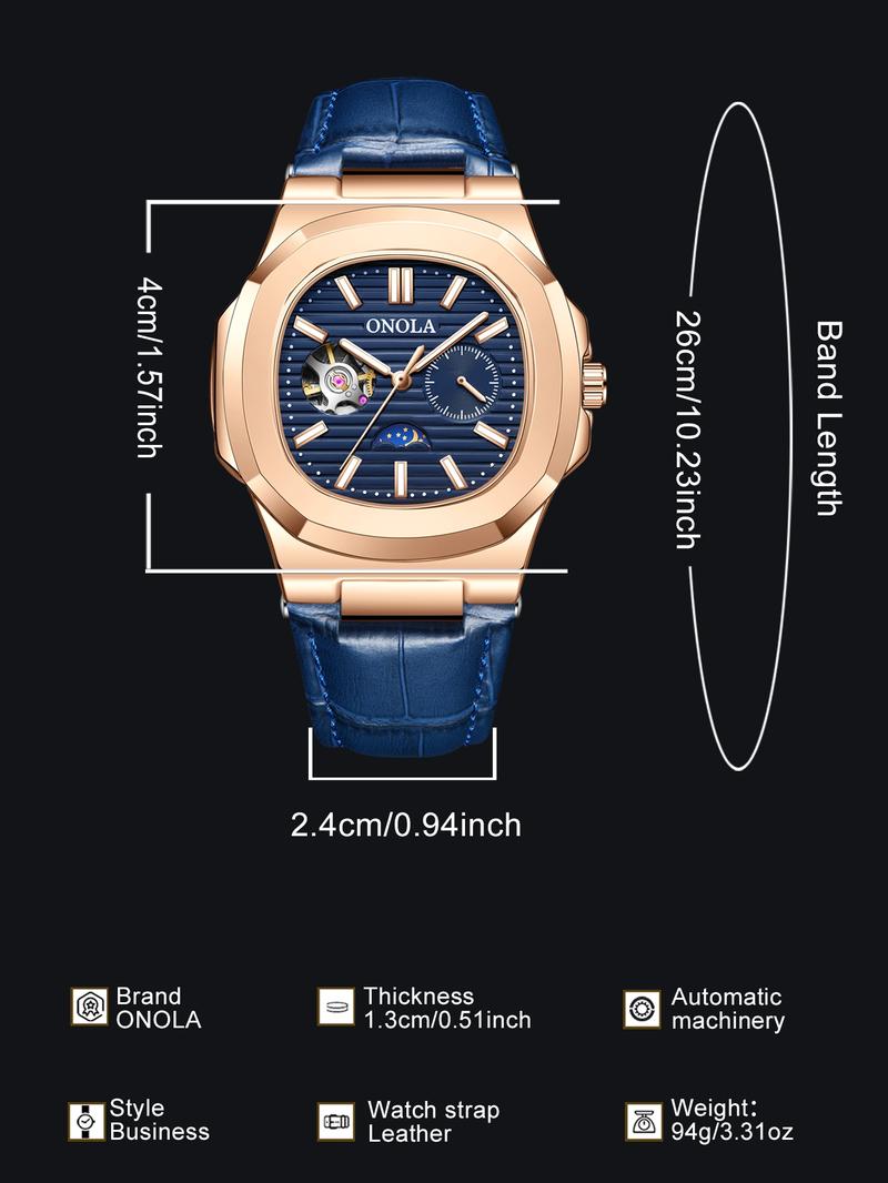 Onola Men's Fashion Business Mechanical Watch, Hollow Out Tourbillon Design, Automatic Wind-Up, 3atm Water Resistant, Fashionable Waterproof Watch, Perfect Christmas Gift