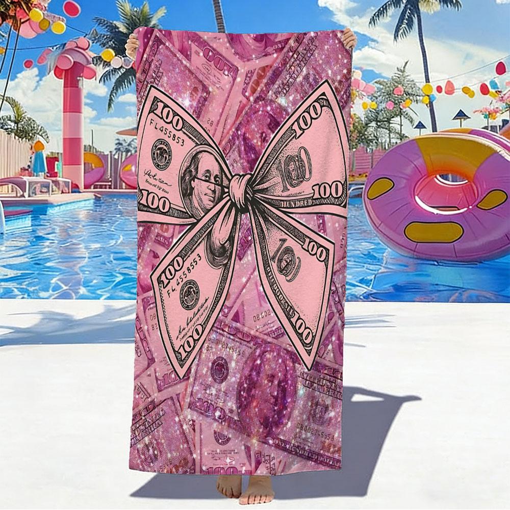 Printed Microfiber Beach Towel - Luxury Pink Dollar Bow Aesthetic Beach Towel - Soft & Absorbent Digital Print Microfiber Bath Towel for Pool, Travel, Yoga, and Vacation - Lightweight Multipurpose Oversized Towel for Summer Beach Days and Home Decor.