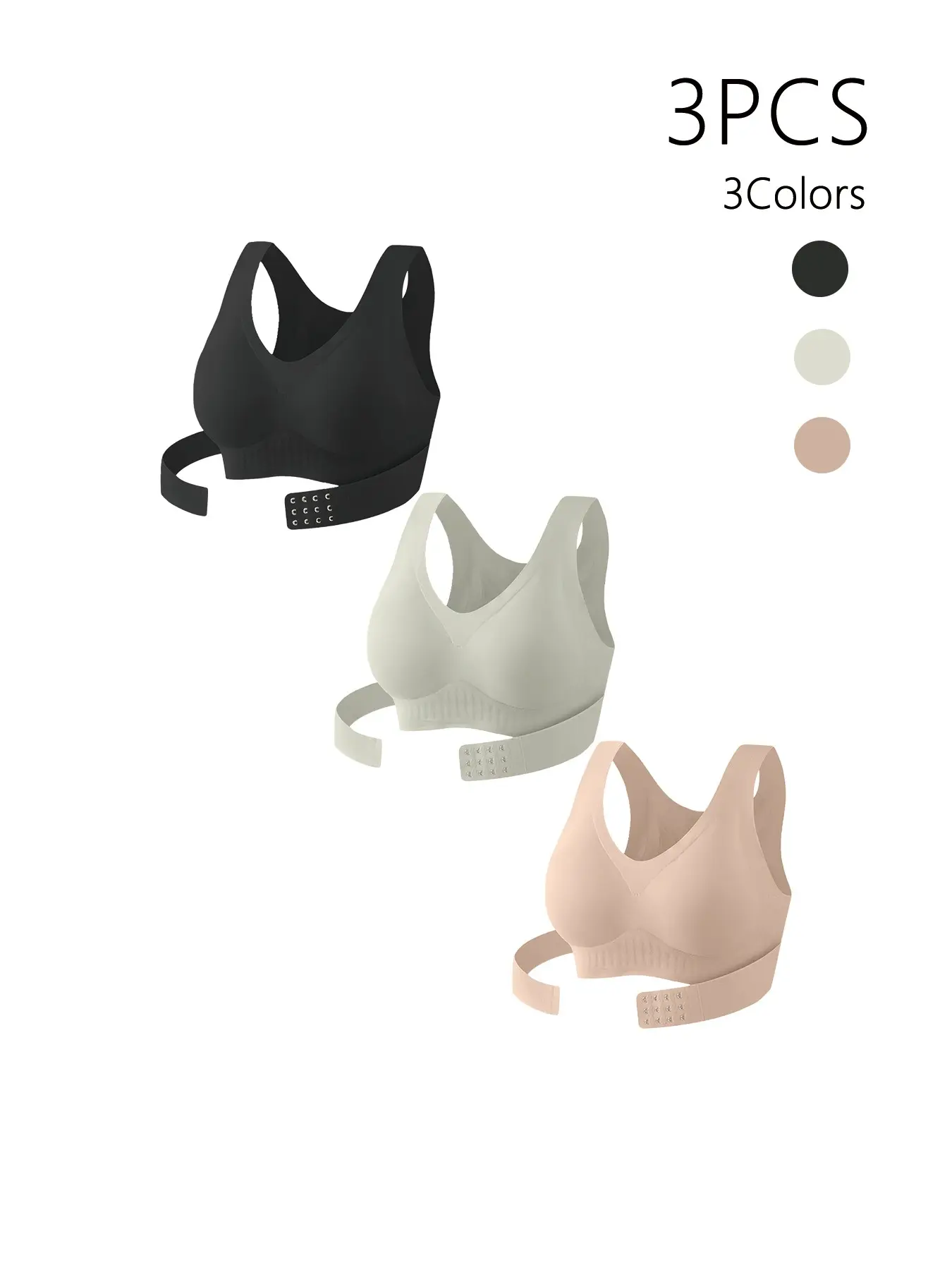 3-Pack Front Buckle Bralettes, Everyday Full Coverage Medium Support, Unlined Casual Lingerie, Anti-Slip Design, Plain Color, All Seasons