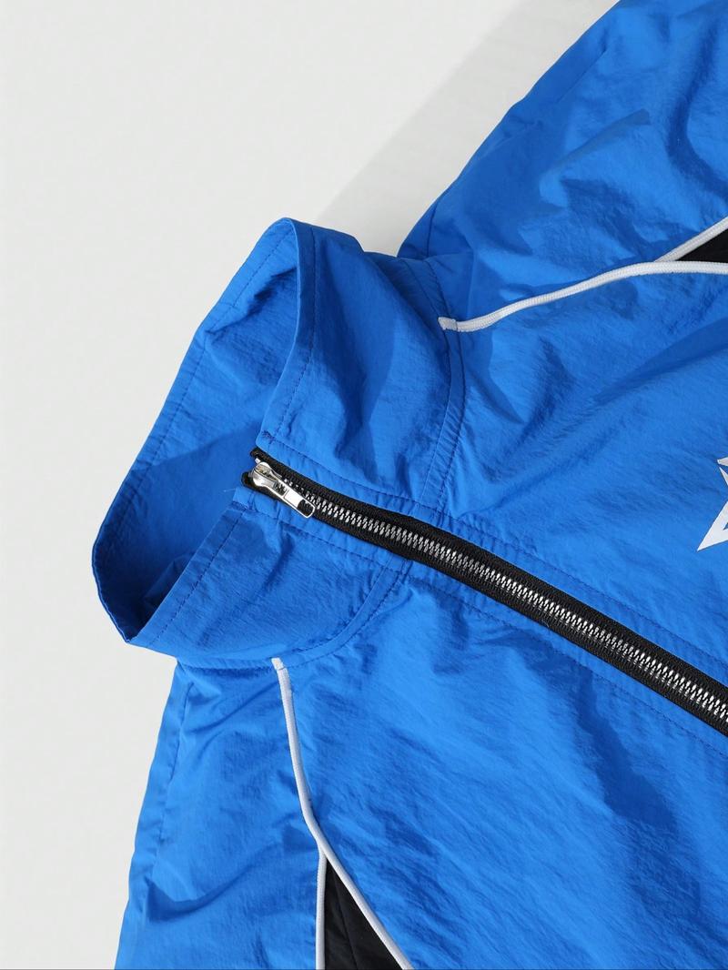 This men's two-piece Athletic Tracksuit Set includes a turtleneck jacket and sweatpants, featuring a striking blue and black color-block design with a unique sheen. Suitable for outdoor activities and casual wear, it also makes a great holiday gift.