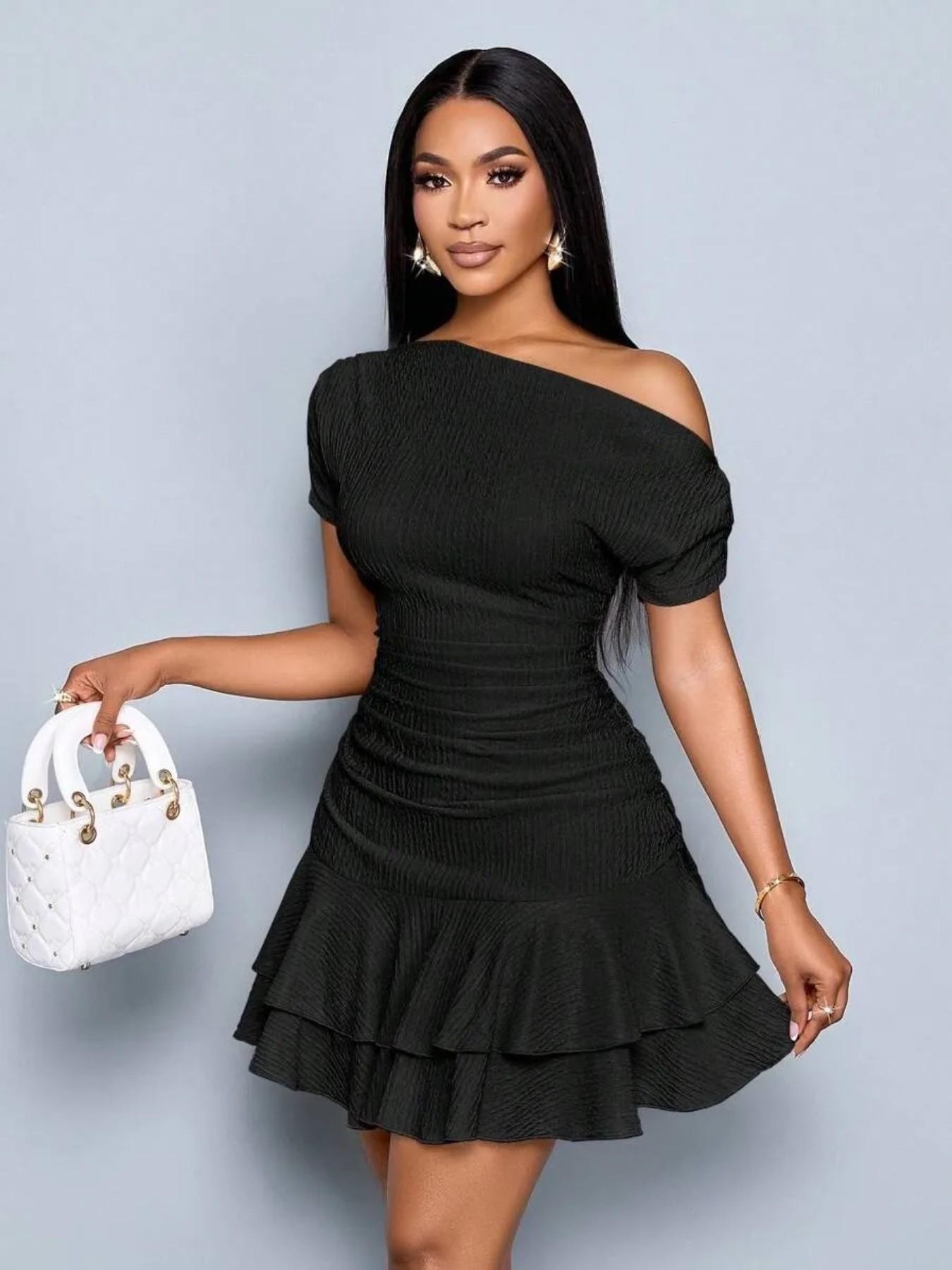 Women's Elegant Mini Dress, Short Sleeve Solid Color, Asymmetrical Shoulder Pleated Ruffle, Slimming Waist, Summer Party Date Wear