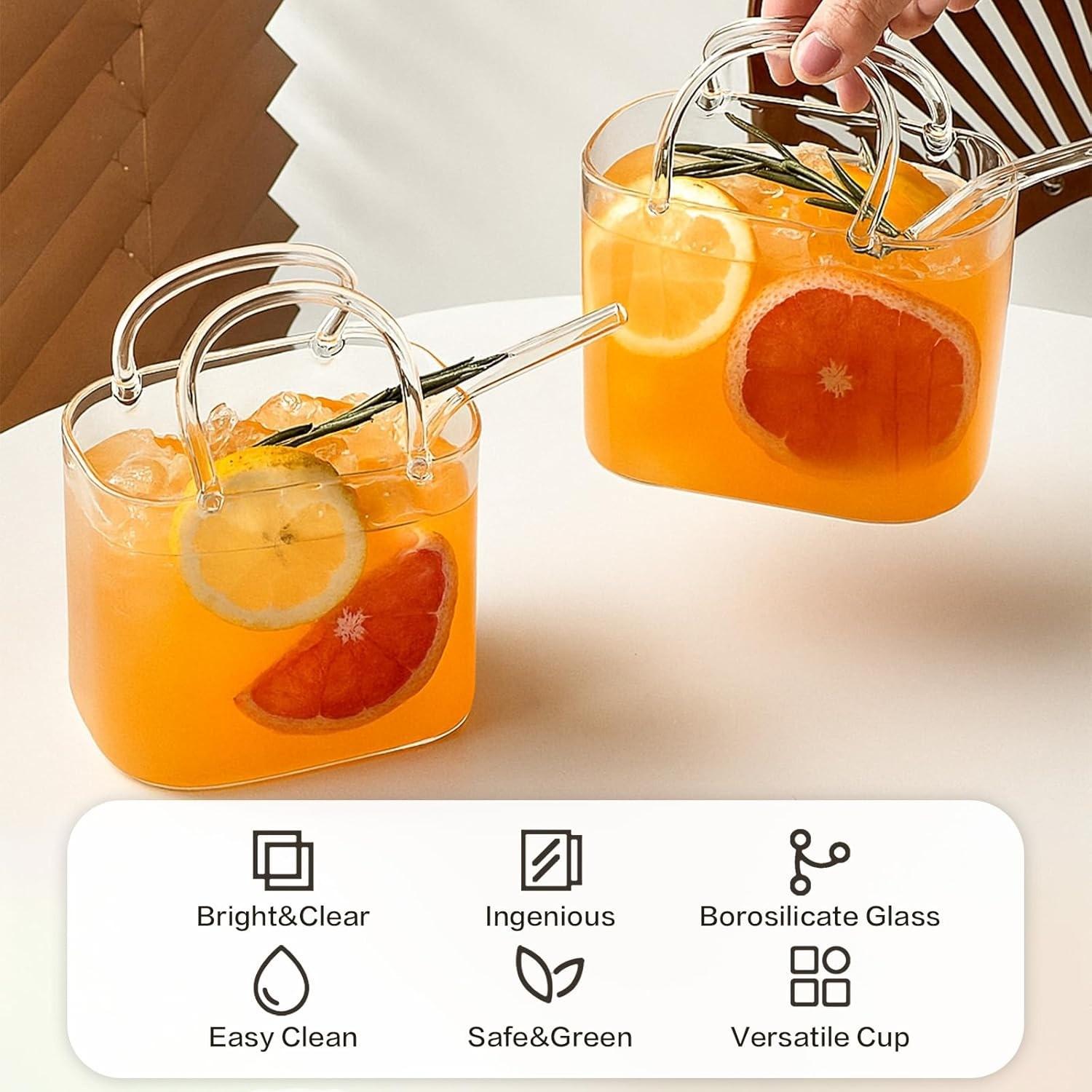 Glass Handbag Shape Cocktail Cup, Unique Handle and Straw Wine Glass Vase, Room Decor Juice Afternoon Tea Flower Picnic Cup
