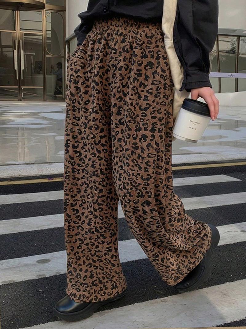 Women's Casual Leopard Print Elastic Waist Corduroy Loose Fit Pants, Comfortable and Stylish, Perfect for Daily Wear,All Season, Back To School Clothes Fall