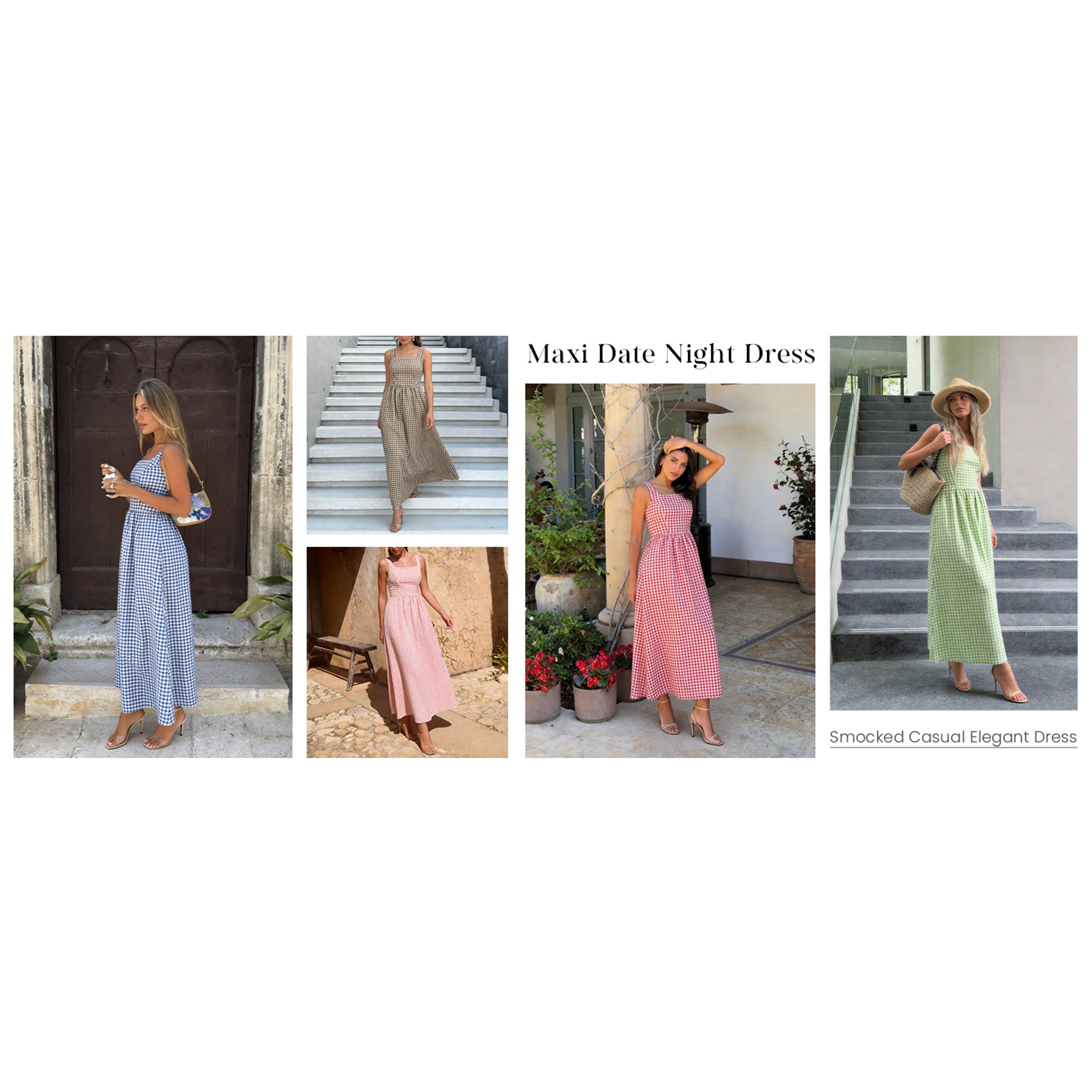 Women's 2026 Summer Spaghetti Strap Maxi Dresses Plaid Square Neck A Line Casual Beach Vacation Long Sundress