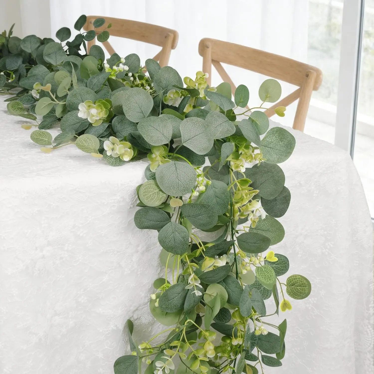 Eucalyptus Garland Faux Silk Leaf Silver Dollar Artificial Greenery Fake Eucalyptus Leaves Garlands for Table Wedding Party Indoor Outdoor Arch Wall Mantle Room Home Decoration (1, 5.5 FT)