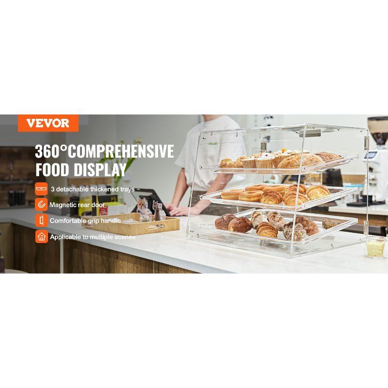 VEVOR Pastry Display Case, 3-Tier Commercial Countertop Bakery Display Case, Acrylic Display Box with Rear Door Access Removable Shelves, Keep Fresh for Donut Bagels Cake Cookie, 20.7x17x16.3