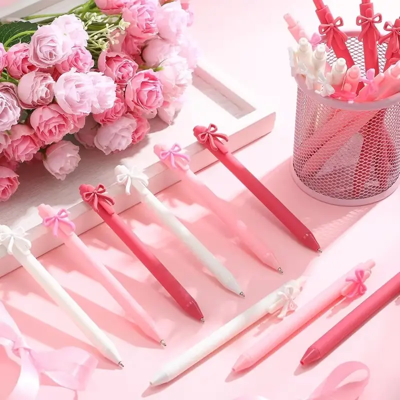 6/12/18pcs Multi-Color Bow Pen Retractable Ballpoint Pen, Retractable ballpen, Black Ink Pen Bow Party Gift Perfect for Girls' Birthday Parties, Office Supplies, Valentine'S Day Gifts Pen Set, Aesthetic Pens, Cute Retractable Pen, Stationery Writing Tools