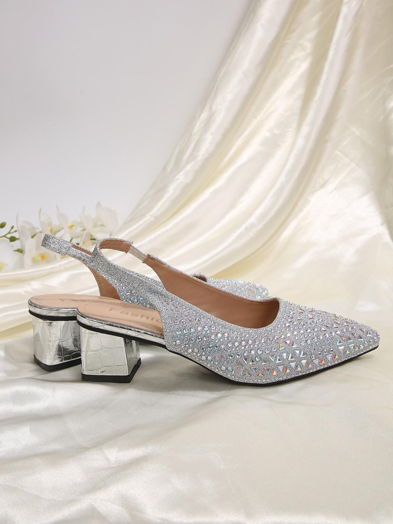 YYW1 Women's Pointed Toe Chunky Heel Slip-On Shoes, Textile Upper, TPR Sole, Elegant Comfortable Casual Wear & Party Footwear