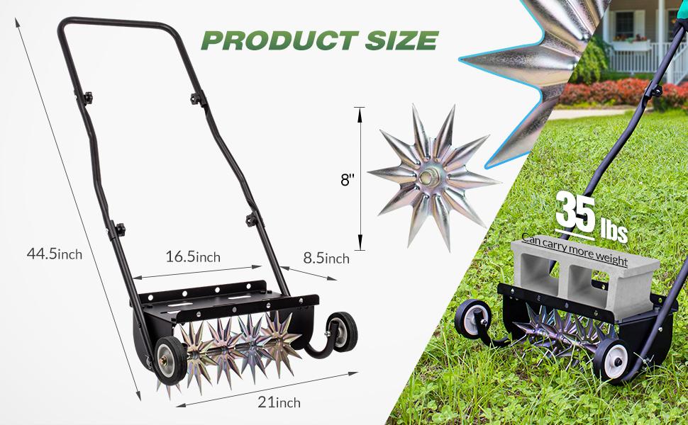 18-Inch Push Spike Aerator, Heavy Duty Rolling Lawn Aerator, Rotary Spike Lawn Aerator, Manual Lawn Aeration Equipment with Steel Handle, Suitable for Lawn, Garden, and Yard Grass Aeration