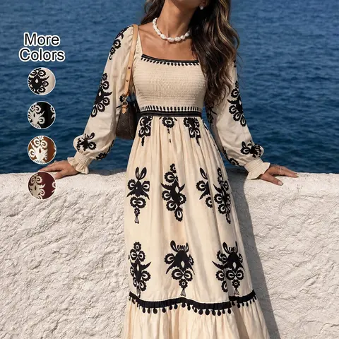 Women's Boho Casual Elegant All Over Print Lantern Sleeve High Waist Dress, Casual Long Sleeve Dress for Fall & Winter, Women's Clothing for Daily Wear