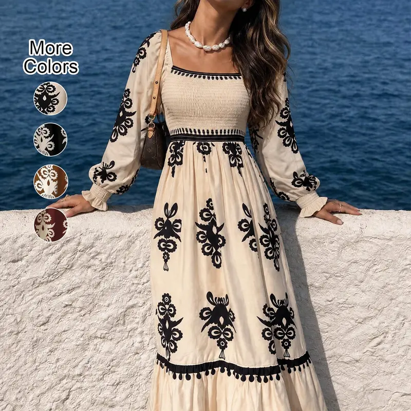 Women's Boho Casual Elegant All Over Print Lantern Sleeve High Waist Dress, Casual Long Sleeve Dress for Fall & Winter, Women's Clothing for Daily Wear