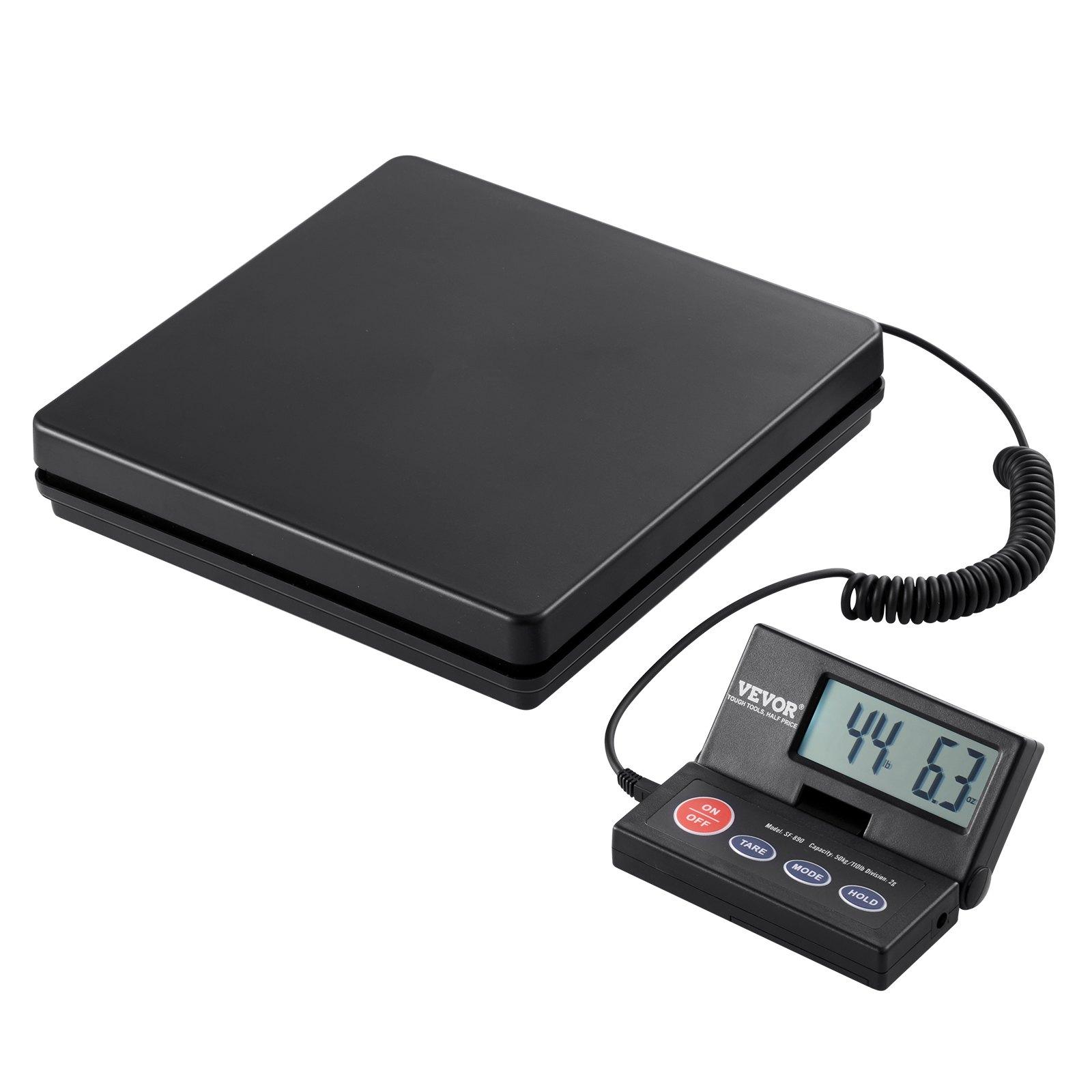 VEVOR Digital Shipping Scale, 110 lbsx 0.07 oz. Heavy Duty Postal Scale with Timer, Tare, Hold Function, 90 Foldable LCD Screen Package Scale for Laggage, Home, Post Office, AC/DC Powered, FCC Liste, Abs Plastic, Foldable Screen