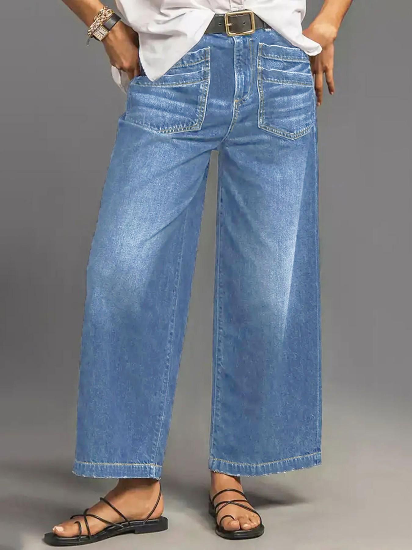 Women's Loose-Fitting Denim Wide Leg Pants, Casual Fashion Jeans, Womenswear, All Seasons Wear, Plain Pattern, Pockets, Comfortable and Stylish