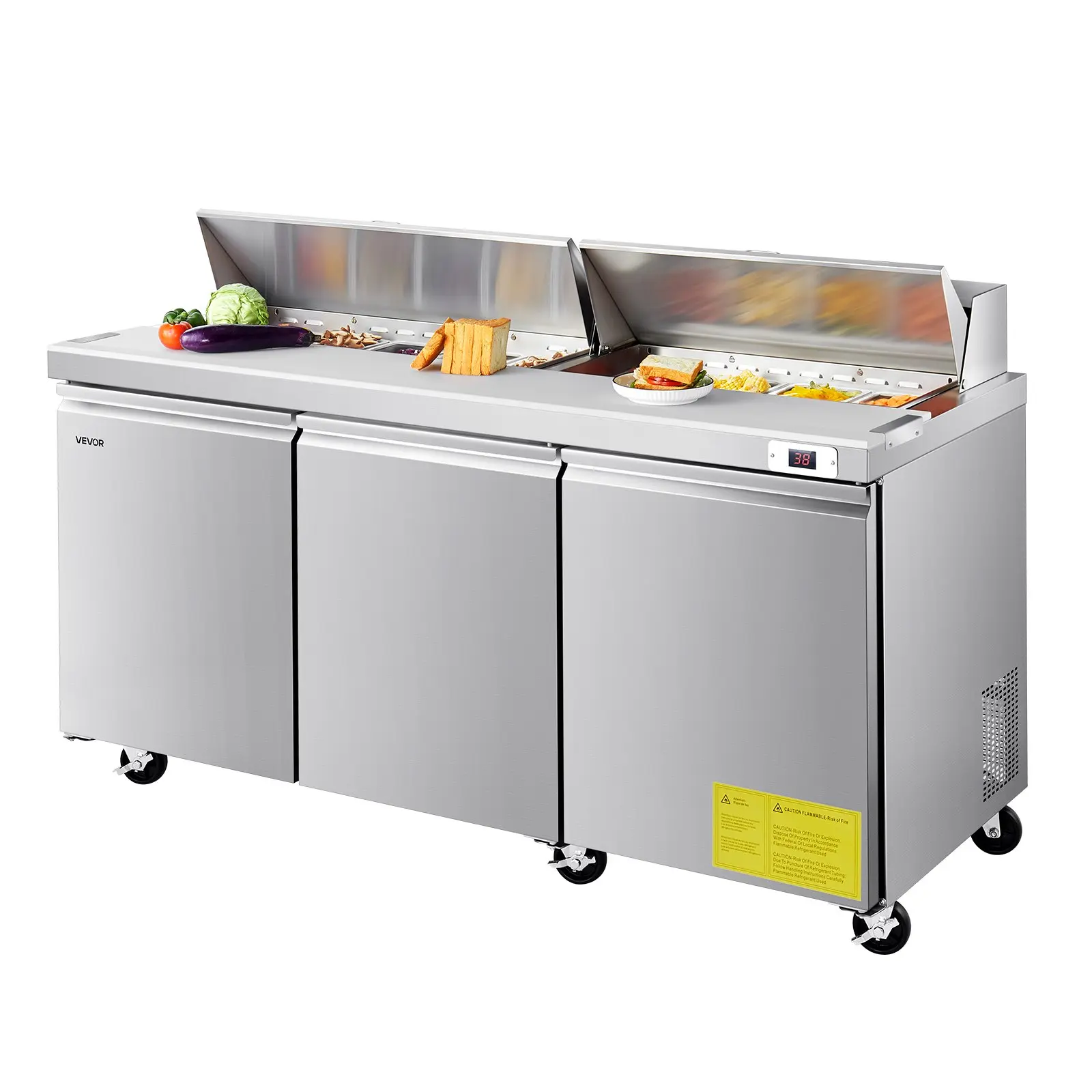 VEVOR 72"W Commercial Refrigerator, 18.7 Cu. Ft Sandwich Prep Refrigerated Table, Mega Top Food Prep Fridge with 18 Pans and Cutting Board, Stainless Steel Salad Prep Cooler for Restaurant, Food Truck