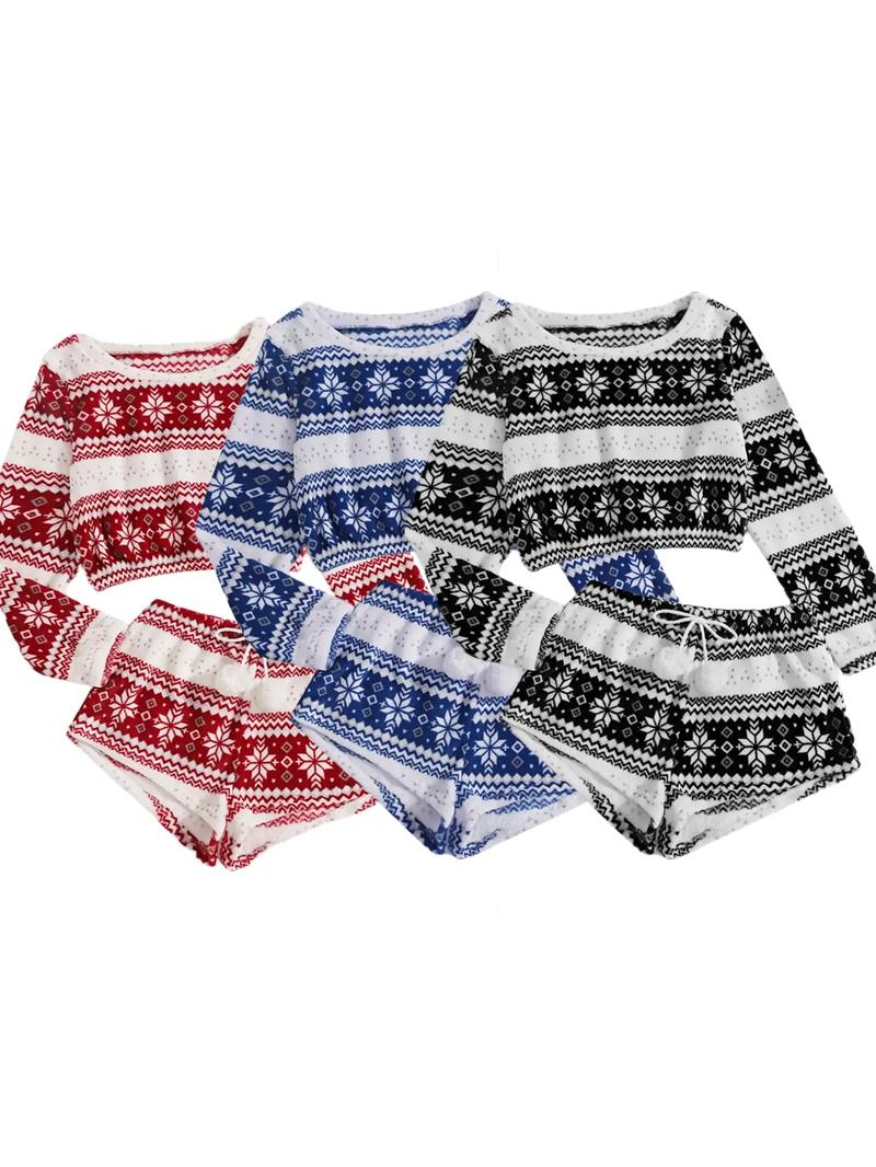 Women's Geometric Print Coral Fleece Loungewear Set, Fluffy Pajamas, Boho Long Sleeve Sleep Top & Pom Pom Decor Drawstring Shorts, Women's Sleepwear, Valentine's Day Gift for Girl