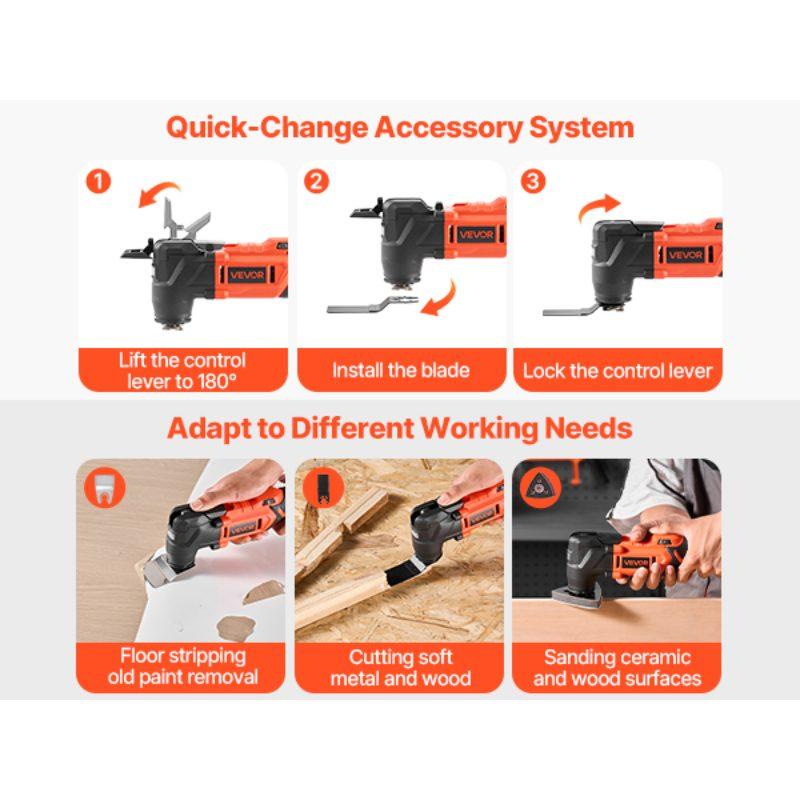 fathersdaygift VEVOR Cordless Oscillating Tool, 20V Oscillating Multi Tool Kit with 6 Variable Speeds 8500 - 17000 OPM, 3.2 Oscillation Angle, 2.0Ah Battery Pack Charger, 12PCS Saw Accessories LED Work Light