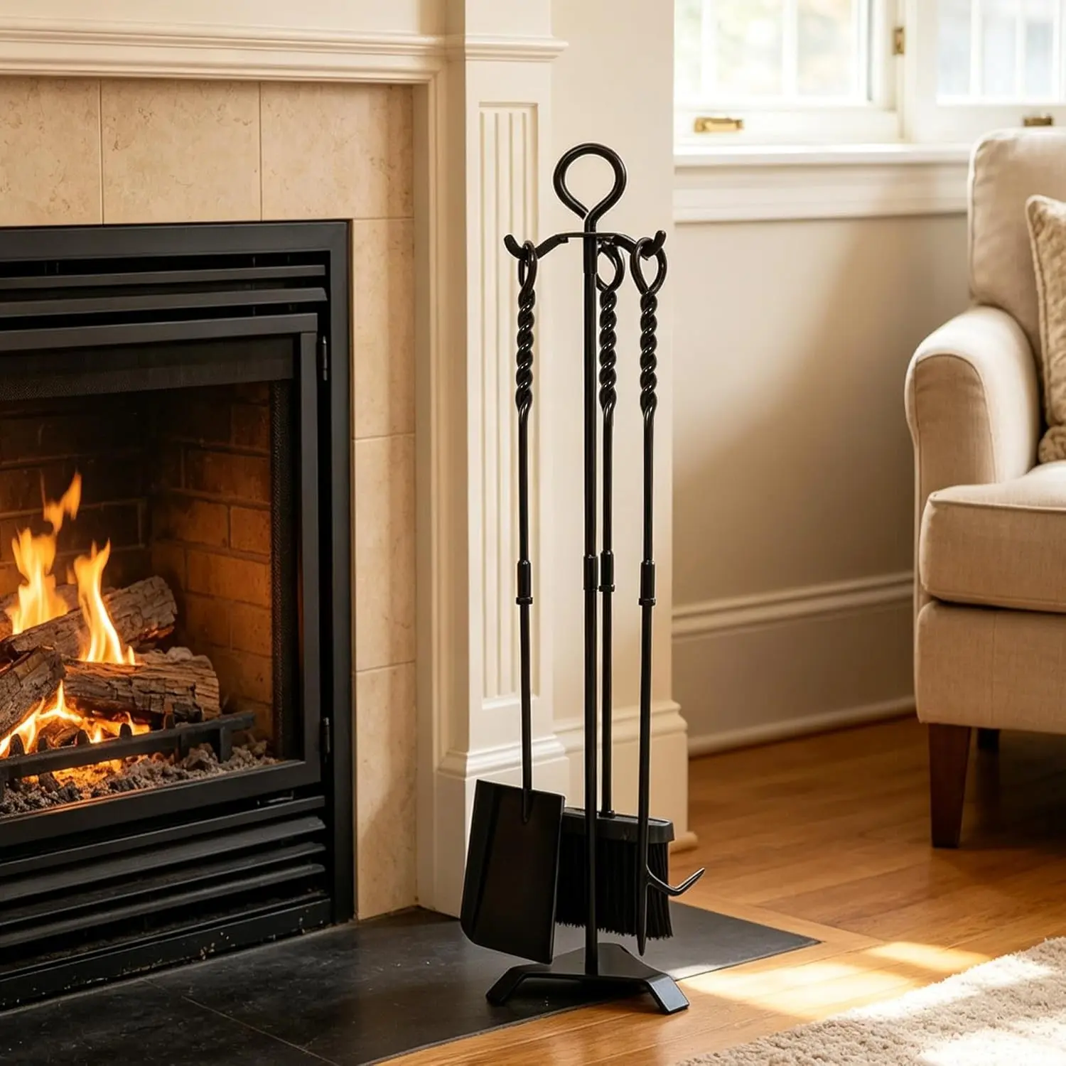 30in Fireplace Tool Set with Stand 4 Pcs Solid Manganese Steel Twisted Rope Handle Heavy Duty Fireplace Accessories with Stand Fire Poker Wide Shovel High-Density Brush Fire Pits