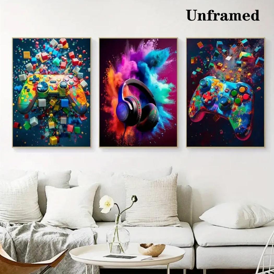 3-piece Color Game Art Set with Optional Wooden Frame Decoration - Vibrant Playstation Controller, Colorful Explosive Headphones, and Xbox Controller with Modern Dynamic Game Decoration, Perfect for Gaming Rooms or Teenage Bedrooms