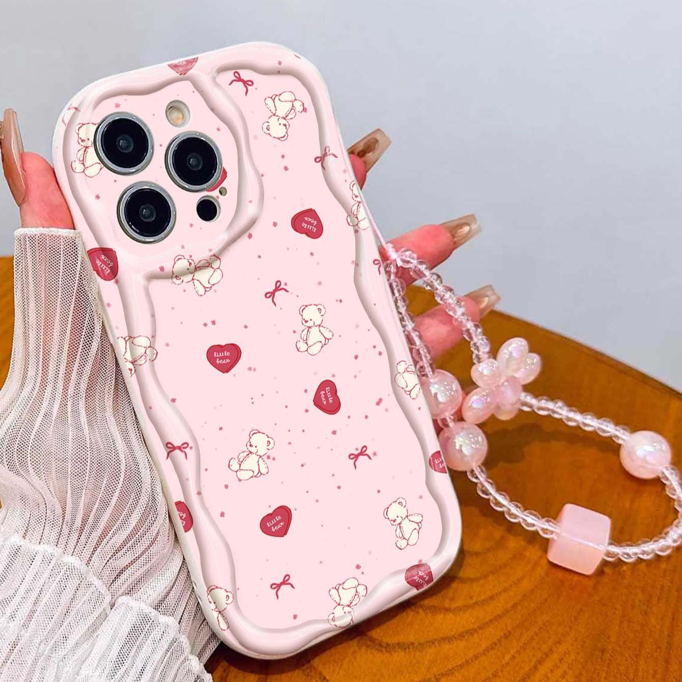 Bear Heart Lanyard Pattern Tpu Wave Edge Anti-Drop Phone Case for Apple iPhone 17 Pro Max/16/16 Pro Max/11/13/14/15, Girl's Gift