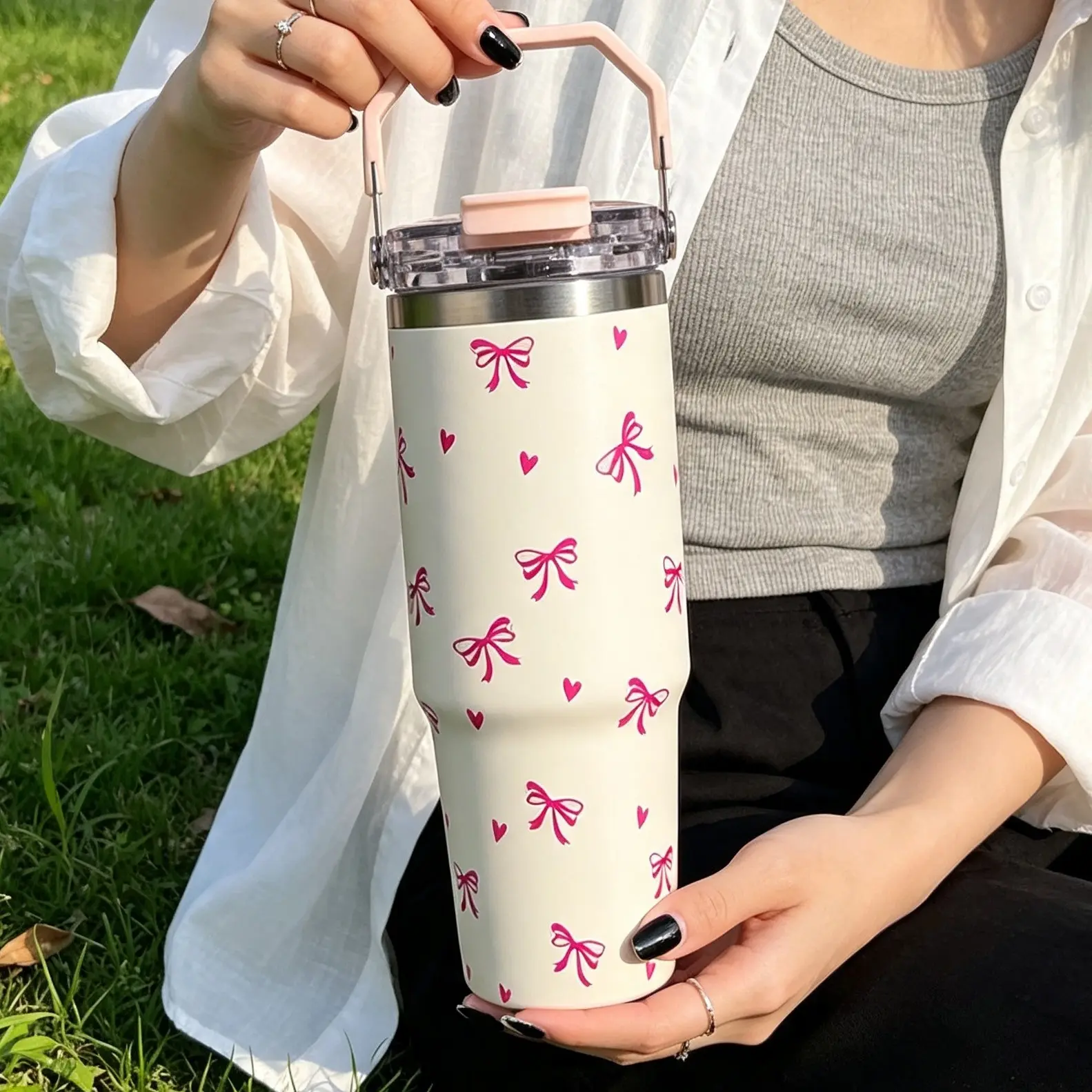 Bowknot Heart Insulated Cup, Double-Layer Stainless Steel Coffee Cup, Car Cup, Sports Water Bottle, Leak-Proof with Handle, Insulated Vacuum Drinkware, Suitable for Outdoors, Office, Home, School, Travel(30oz)