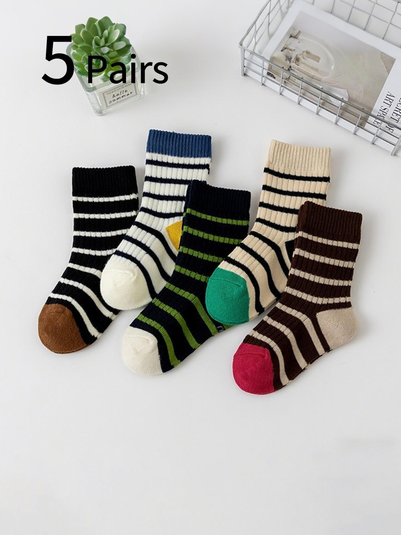 5 Pairs Kids Colorblock Striped Mid-Calf Socks, Comfortable Breathable Unisex Socks, Casual Sports Socks for Daily Wear