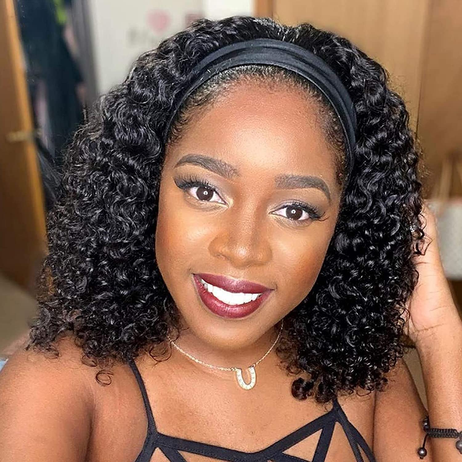 Half Wig Kinky Curly 12 Inch Human Hair Headband Wig Curly hair Glueless Human Hair Wigs Machine Made No Lace deep Curly Headband Wigs Natural color