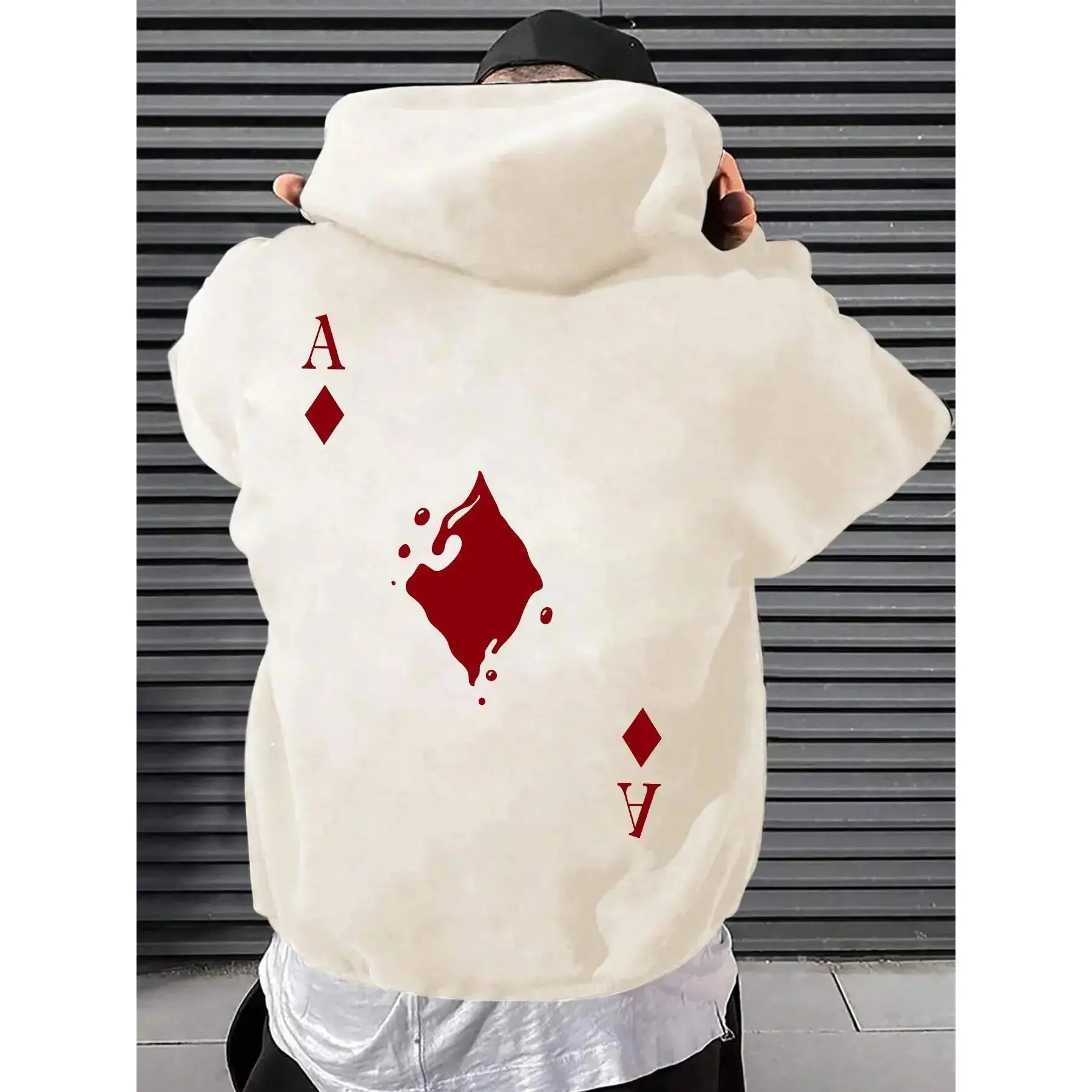 Men's Spade Print Drop Shoulder Hoodie, Casual Streetwear Drawstring Pocket Hooded Sweatshirt, Trendy Oversized Regular Fit Hoodie Top, Daily Outdoor Vacation Outfit, Fast Same Day Shipping, Fall Winter Urban Fashion Everyday Men’s Apparel