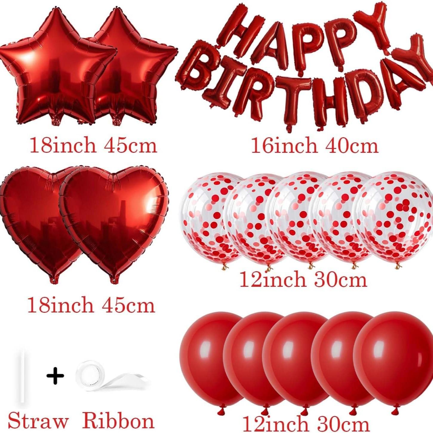 29 Pcs Red Birthday Decorations, 3D Foil Red Happy Birthday Balloon Banner, Pentagram Heart Foil Balloons Confetti Balloons Kit For Boys Girls Birthday Party Supplies
