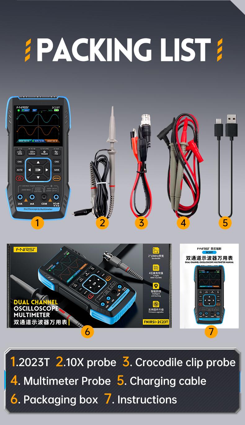 FNIRSI 2C23T 3 in 1 Handheld Oscilloscope Multimeter DDS Generator  2 Channels  10MHz Bandwidth  50MSa/s Sampling Rate  10000 Counts  Voltage  Current  Capacitor  Resistor  Diode Test