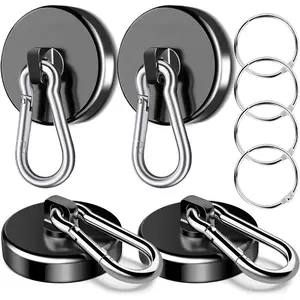 4 Pack 150Lbs Heavy Duty Super Strong Magnetic Hooks, Black Neodymium Magnet Hooks with Swivel Carabiner, Magnetic Wall Hanger for Cruise, Toolbox, Grill, Cabins