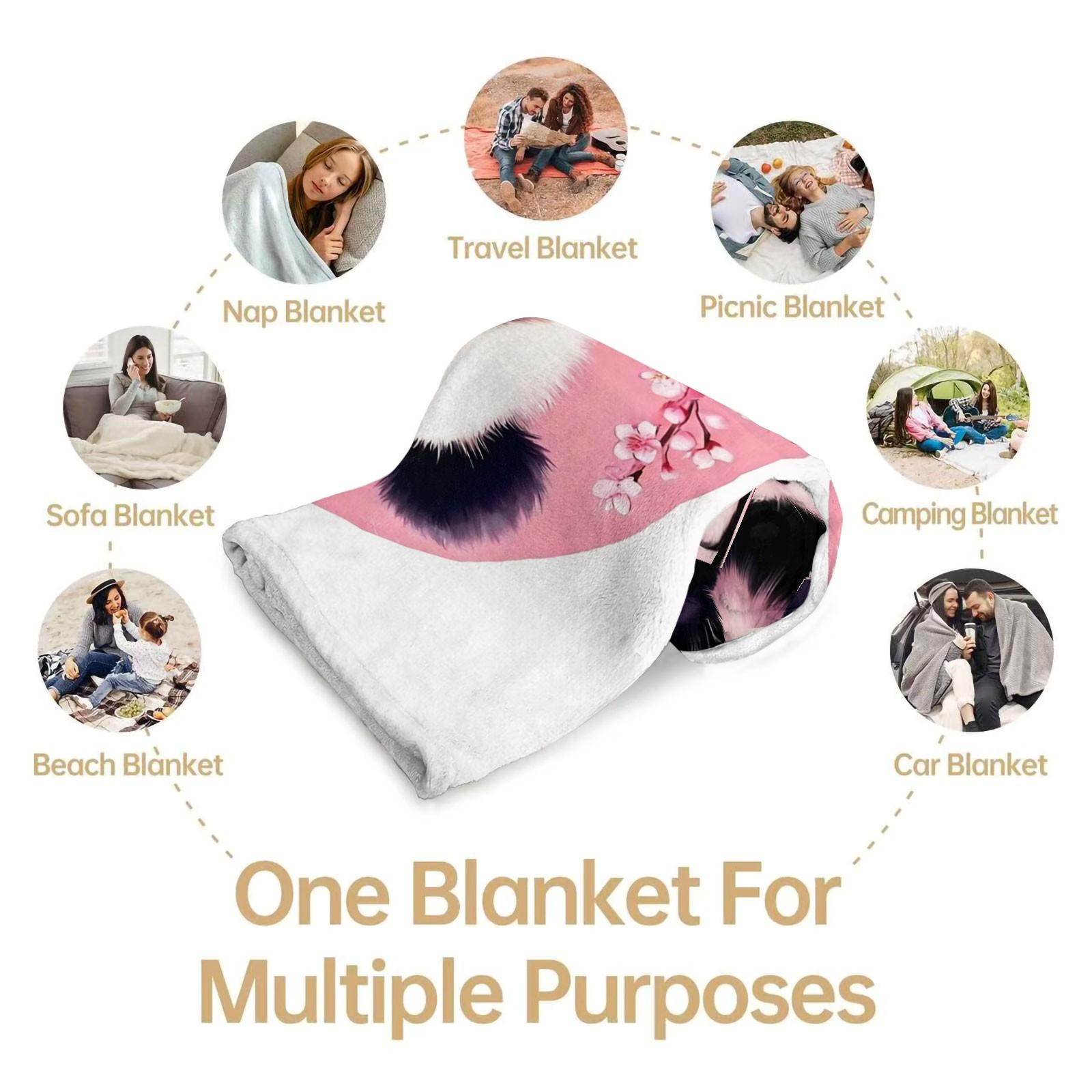 Custom Name Watercolor Panda Cherry Blossom Flannel Blanket, Personalized Floral Animal Print Throw Blanket, Ultra Soft Cozy Warm Blanket, Unique Gift Blanket for Girls, Panda Lovers
