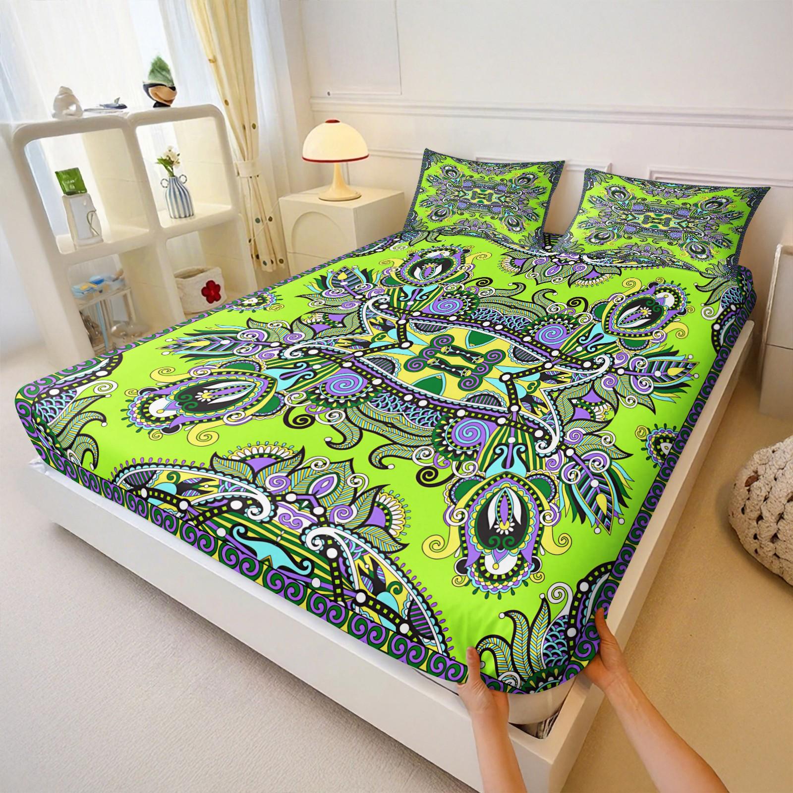 3Pcs Boho Paisley Printed Fitted Sheet Set, Vibrant Ethnic Style Bedding Set, Ultra-Soft Breathable Microfiber Bed Sheet Set, Deep Pocket All-Season Bed Linen, Ideal for Bedroom, Guest Room, Dorm Decor, Home Use