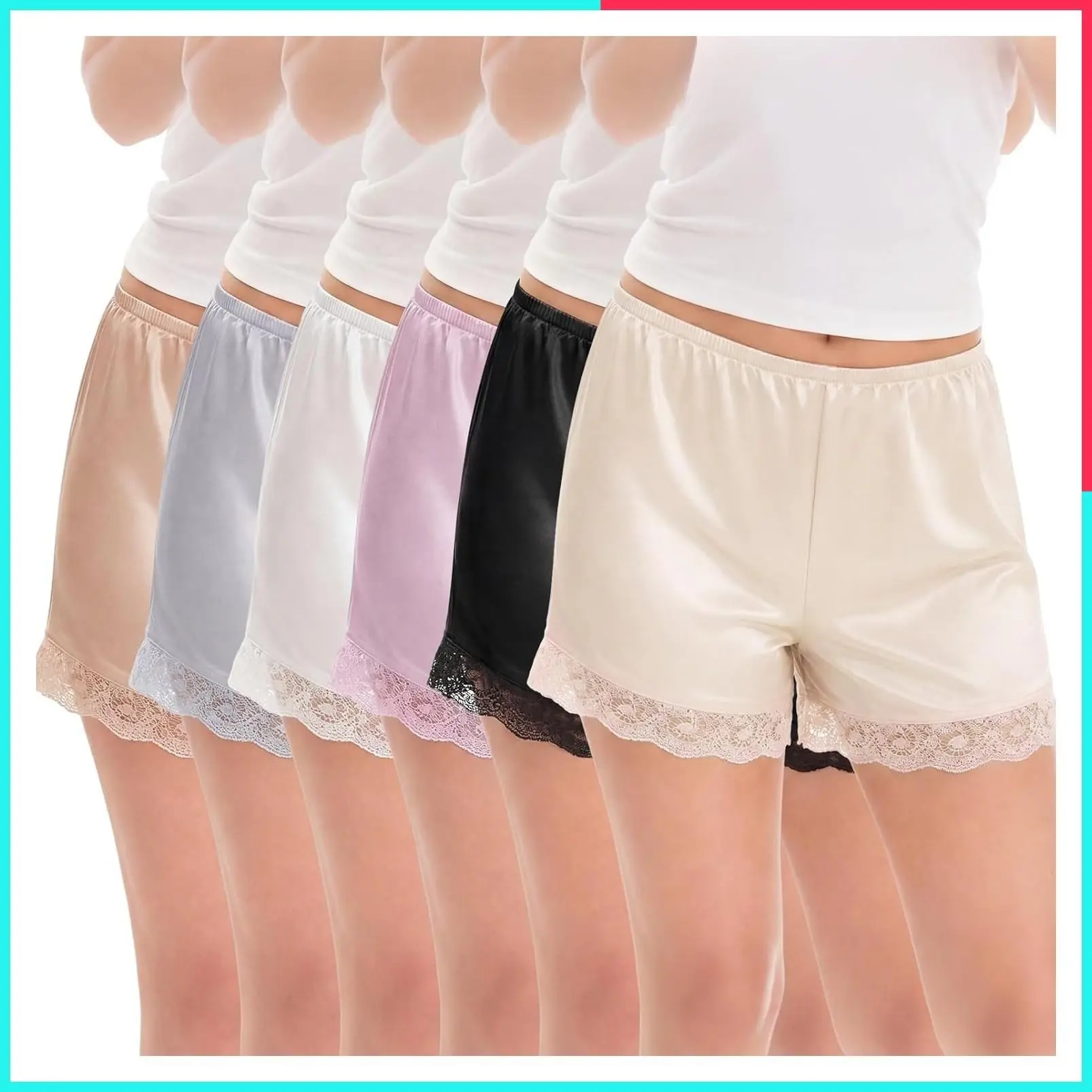 6 Pcs Women's Satin Half Slip Shorts with Lace Trim, Silky Anti-Chafing Under Dress Pettipants Bloomers